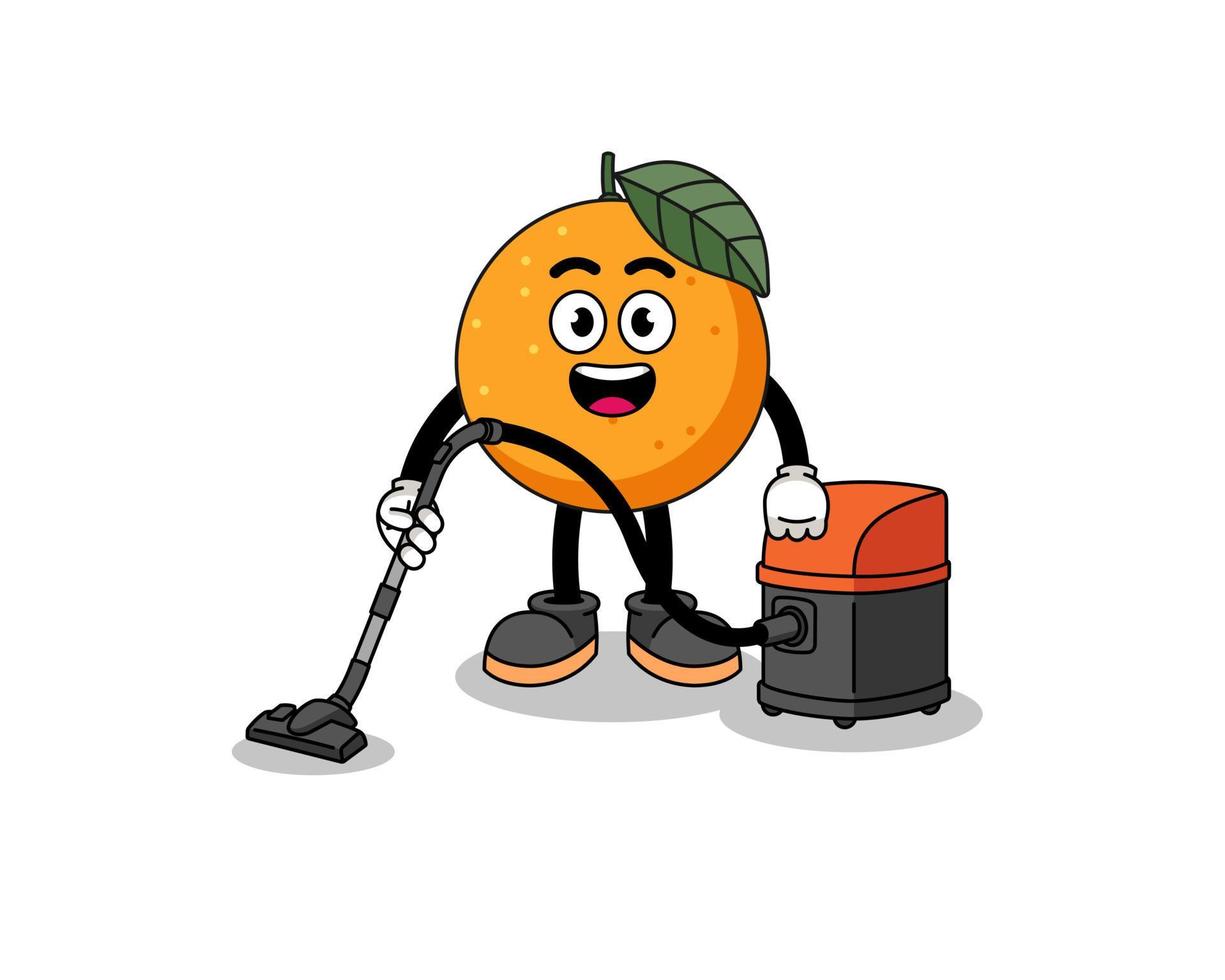 mascote de personagem de fruta laranja segurando aspirador de pó vetor