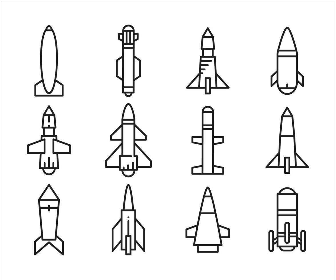 ícones de linha de nave espacial e foguete vetor