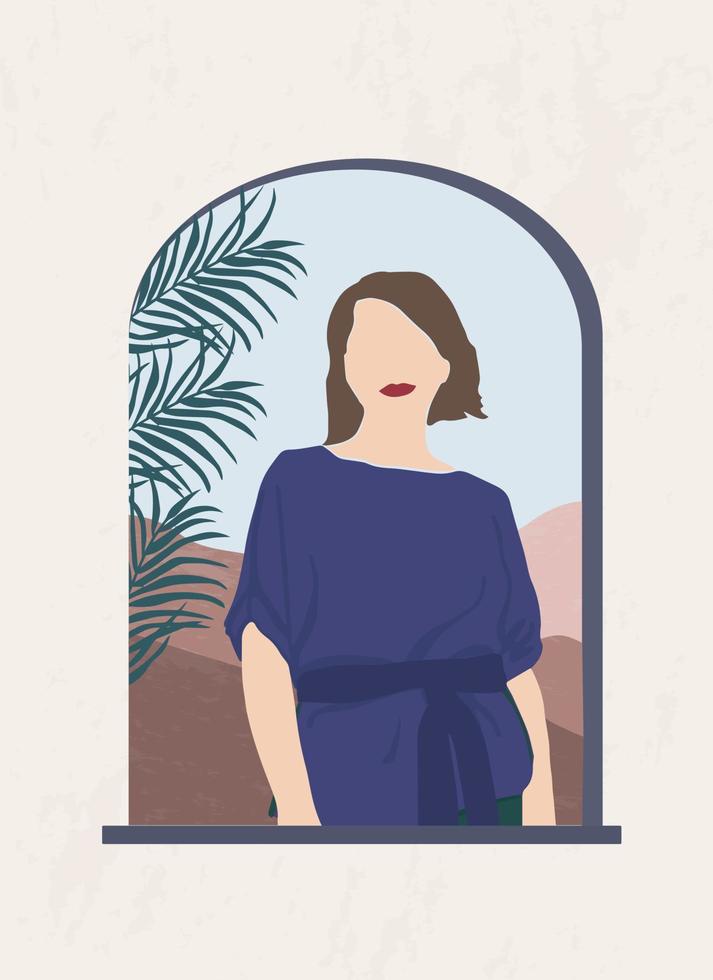 retrato abstrato de uma mulher em uma janela em arco contra uma paisagem de montanha. vetor