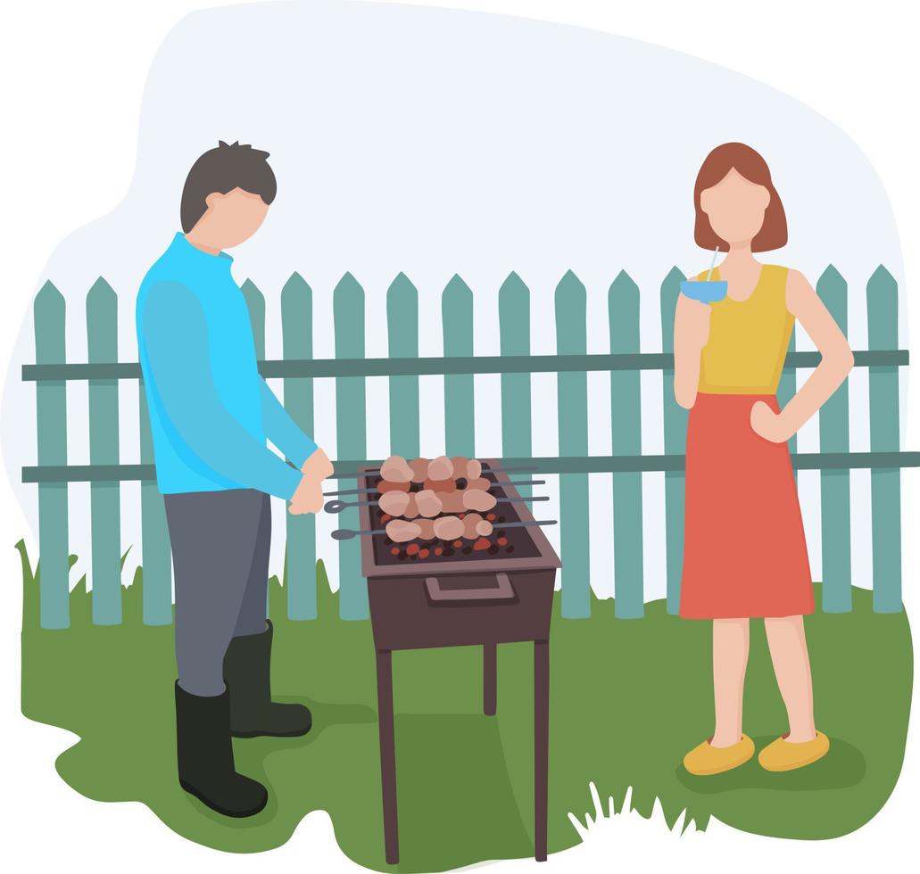 um casal de férias. homem cozinha shish kebab, grelha carne. a garota está bebendo um coquetel. no gramado verde, contra uma cerca de madeira. vetor