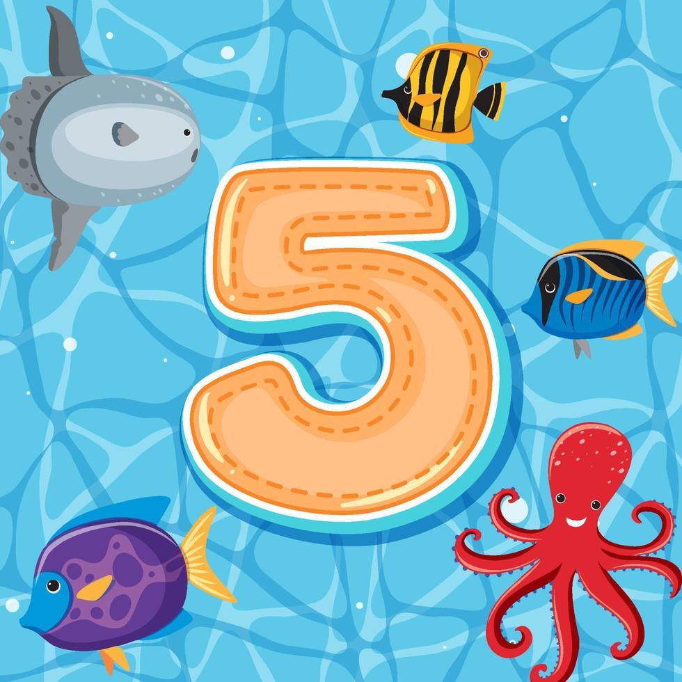 número cinco com animais marinhos vetor