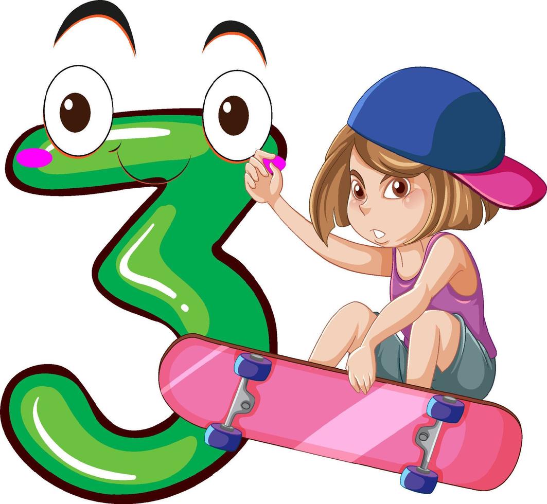 uma garota jogando skate com número três dos desenhos animados vetor