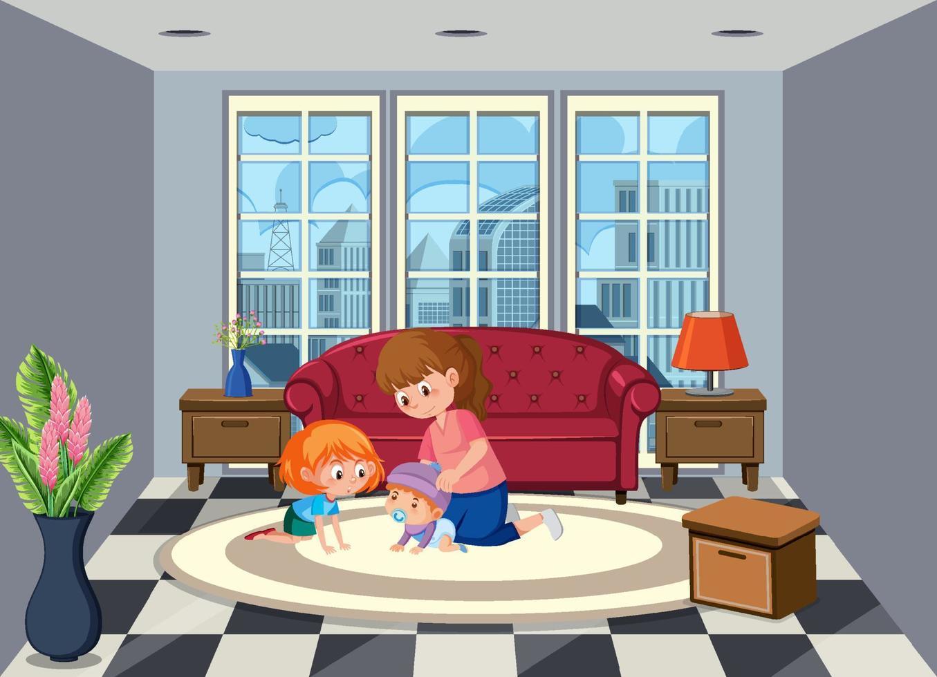 cena da sala de estar com personagem de desenho animado infantil vetor