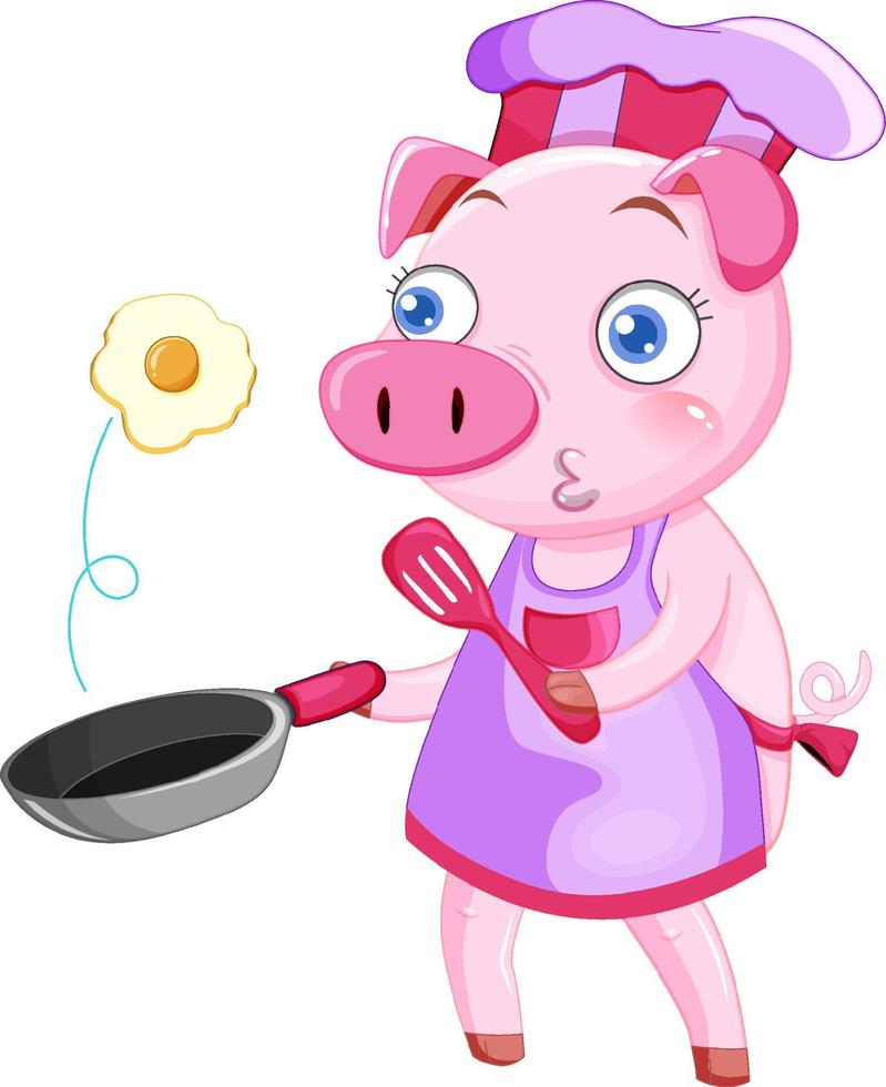 personagem de desenho animado de porco cozinhando café da manhã vetor