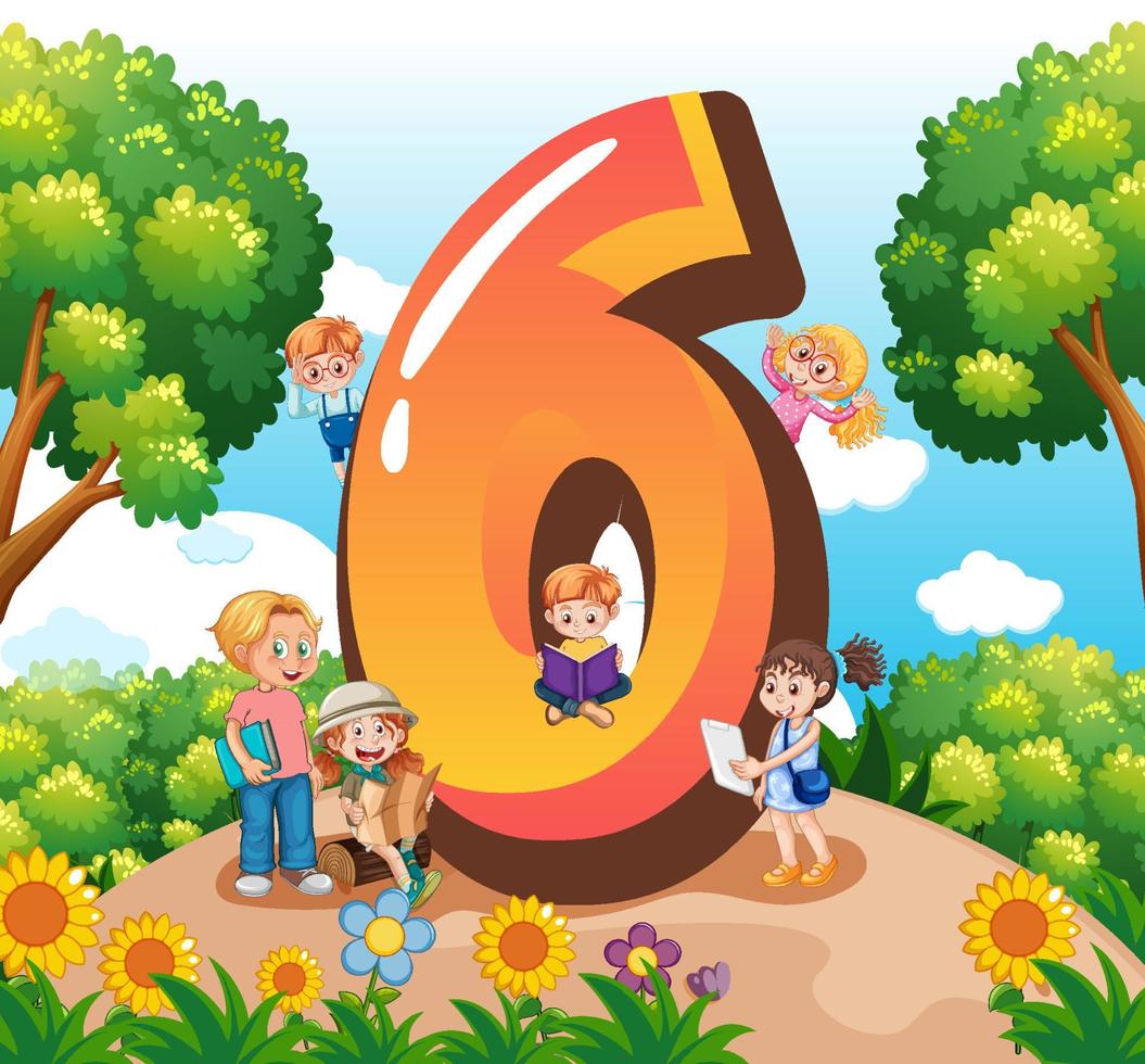 seis crianças com desenho animado número seis vetor