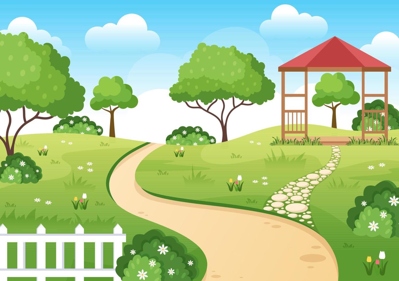 bela ilustração de fundo de desenhos animados de jardim com uma natureza paisagística de plantas, flores, árvores e grama verde em estilo de design plano vetor