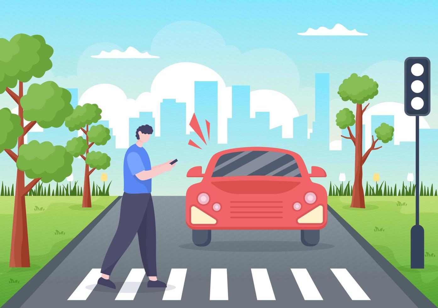 ilustração de fundo de acidente de carro com dois carros colidindo ou batendo em algo na estrada causando danos em estilo simples vetor
