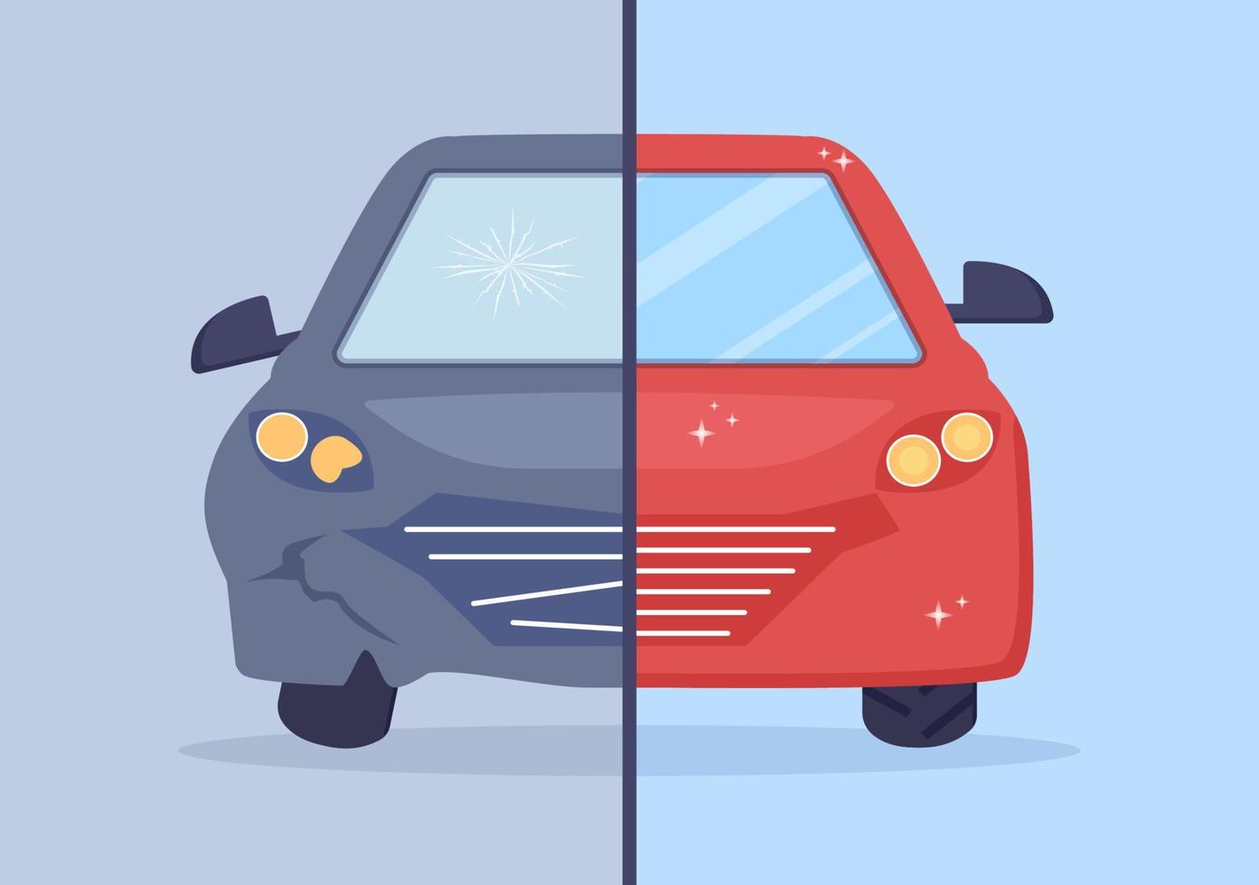 substituição do pára-brisa do carro e reparo da estrutura do corpo do carro devido a rachaduras, quebras ou acidentes na ilustração dos desenhos animados de estilo simples vetor