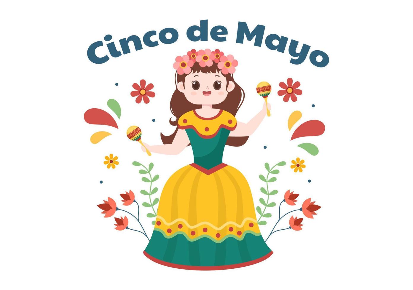 ilustração de estilo de desenho animado de celebração de feriado mexicano de cinco de maio com cacto, guitarra, sombrero e bebendo tequila para pôster ou cartão de felicitações vetor