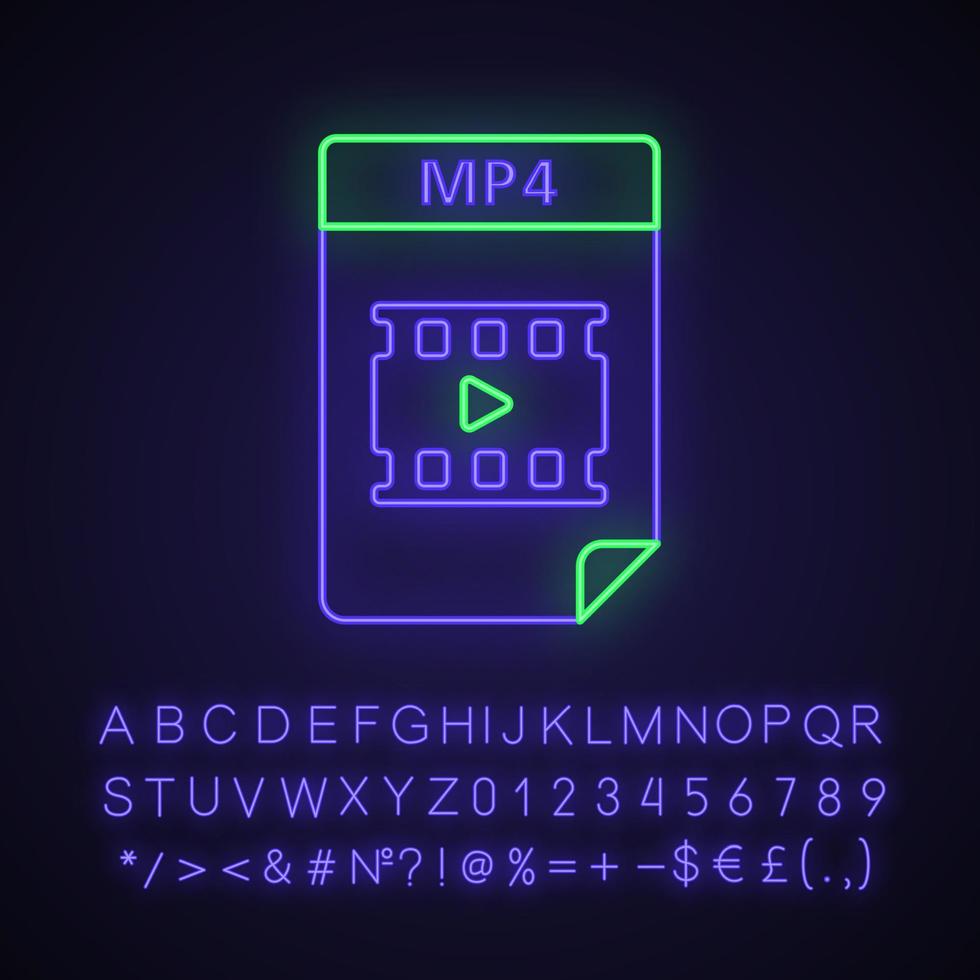ícone de luz neon do arquivo mp4. formato de arquivo multimídia digital. documento de vídeo e áudio. sinal brilhante com alfabeto, números e símbolos. ilustração vetorial isolada vetor
