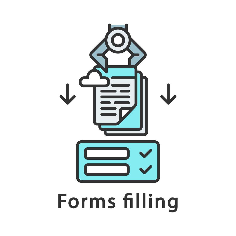 formulários preenchendo o ícone de cor. robô inserindo dados em formulários. rpa. tecnologia de automação de processos administrativos. trabalhador de inteligência artificial. usando o serviço de nuvem. ilustração vetorial isolada vetor