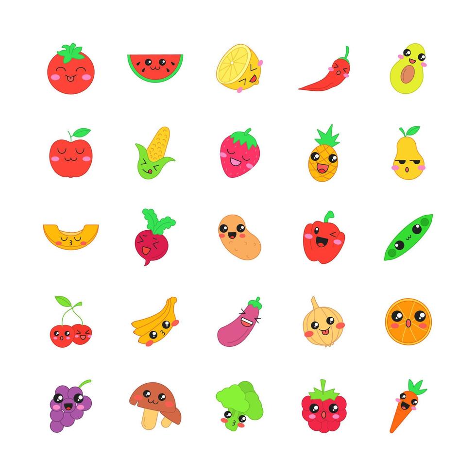 frutas e legumes personagens vetoriais kawaii fofos. bagas com rostos sorridentes. comida rindo. emoji engraçado, emoticon, sorriso. ilustração de cor de desenho animado isolada vetor
