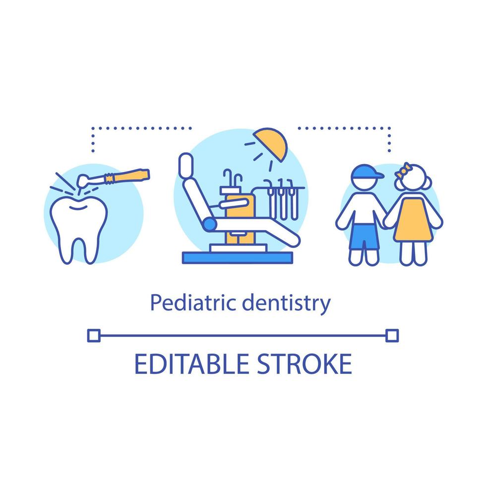 ícone do conceito de odontologia pediátrica. cadeira de dentista. prevenção de cárie. atendimento odontológico infantil. odontologia cirúrgica. ícone de linha fina de ideia de clínica odontológica de crianças. desenho de contorno isolado de vetor. traço editável vetor