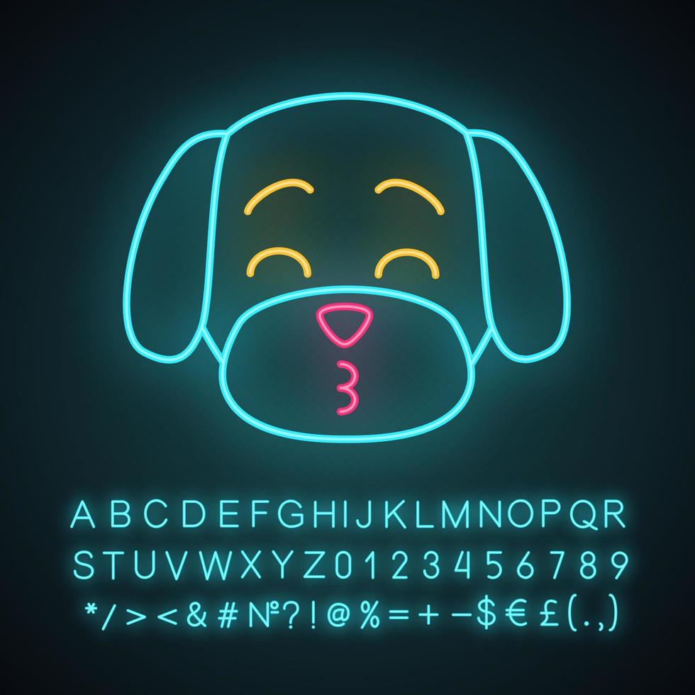 personagem de luz neon kawaii fofo maltês. cachorro com focinho de beijo. animal feliz com olhos sorridentes. emoji engraçado, emoticon. ícone brilhante com alfabeto, números, símbolos. ilustração vetorial isolada vetor