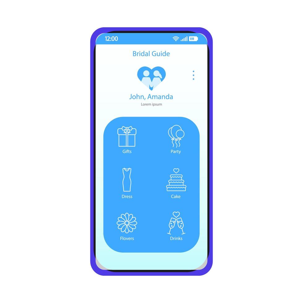 modelo de vetor de interface de aplicativo de smartphone planejador de casamento. layout de design azul de interface de aplicativo móvel. tela do site de celebração de casamento. guia de noivas. interface plana. visor do telefone