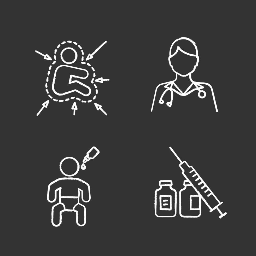 conjunto de ícones de giz de vacinação e imunização de crianças. pediatria. sistema imunológico infantil, pediatra, vacina oral, seringa e frascos. ilustrações de quadro-negro vetoriais isolados vetor