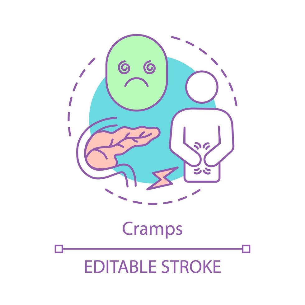 ícone do conceito de cãibras. diarréia, vômito, ilustração de linha fina de ideia de dor de estômago. sintoma de intoxicação alimentar. doenças transmitidas por alimentos. indigestão. desenho de contorno isolado de vetor. traço editável vetor