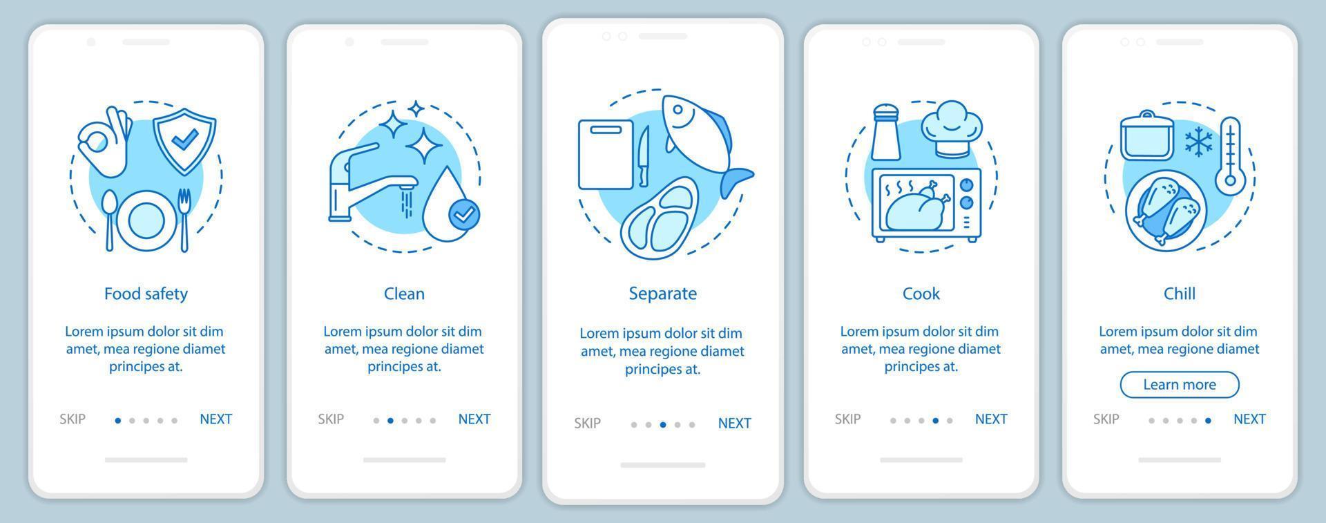 segurança alimentar, modelo de tela de página de aplicativo móvel de integração de higiene. processamento de alimentos, manuseio, armazenamento. limpar, separar, cozinhar, relaxar. passo a passo do site. ux, ui, gui conceito de interface de smartphone vetor