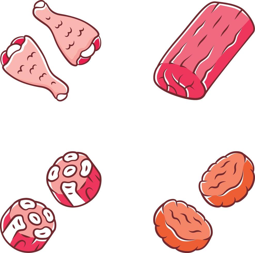 conjunto de ícones de cor de carne de açougueiros. coxinhas de frango, porco assado, hambúrgueres, rabada. produção e comercialização de carne. negócio de açougue. fontes de proteína. ilustrações vetoriais isoladas vetor