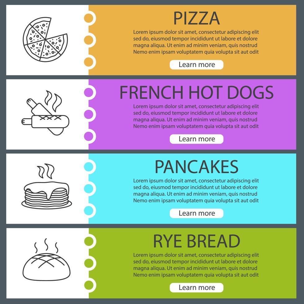 conjunto de modelos de banner da web de padaria. pizza, cachorros-quentes franceses, pilha de panquecas, pão de centeio. itens de menu de cores do site com ícones lineares. conceitos de design de cabeçalhos vetoriais vetor