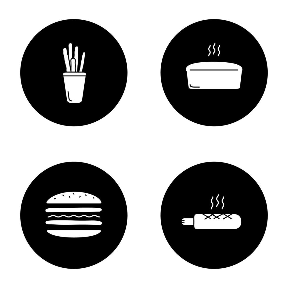 conjunto de ícones de glifo de padaria. grissini, pão de tijolo, hambúrguer, cachorro-quente francês. ilustrações vetoriais de silhuetas brancas em círculos pretos vetor