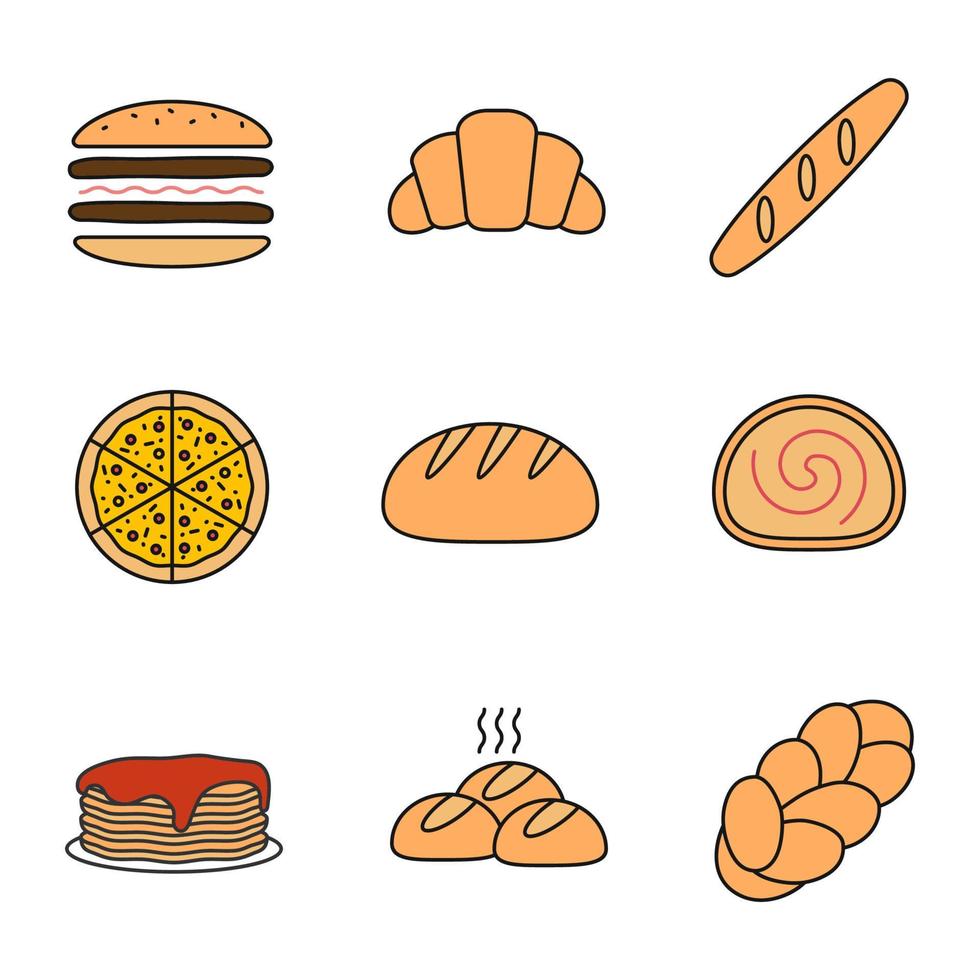 ícone de cor de padaria. hambúrguer, croissant, baguete, pizza, pão redondo, rocambole, panquecas, pãezinhos, chalá. ilustração vetorial isolada vetor