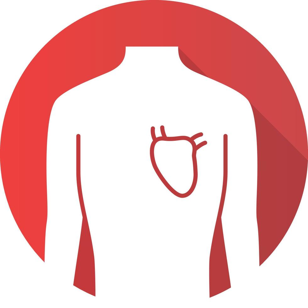 ícone de glifo de longa sombra de design plano de coração saudável. órgão humano em boa saúde. sistema cardiovascular. parte interna do corpo em boa forma. saúde física saudável. ilustração em vetor silhueta