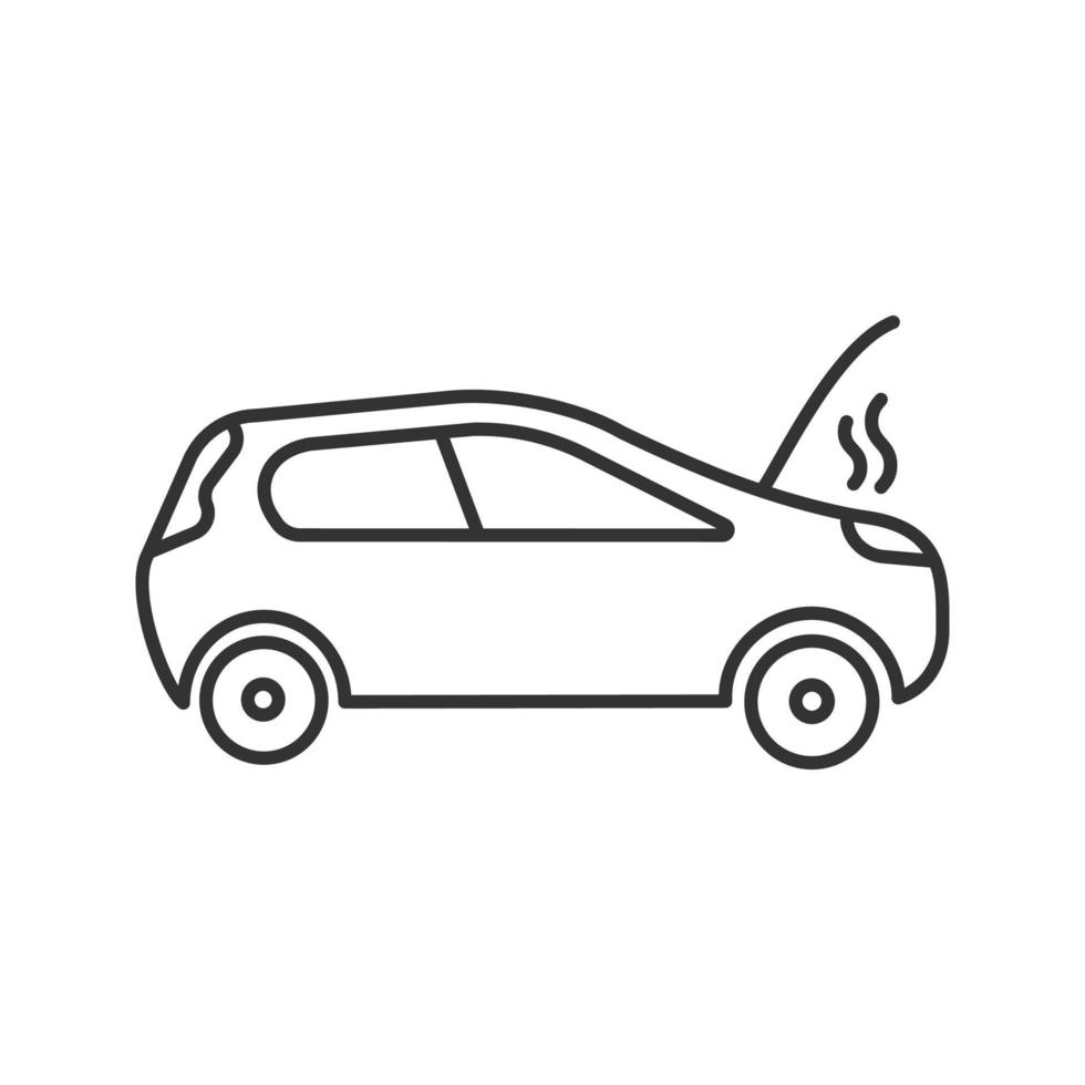 ícone linear de carro quebrado. ilustração de linha fina. automóvel com capô aberto e fumaça. símbolo de contorno. desenho de contorno isolado de vetor