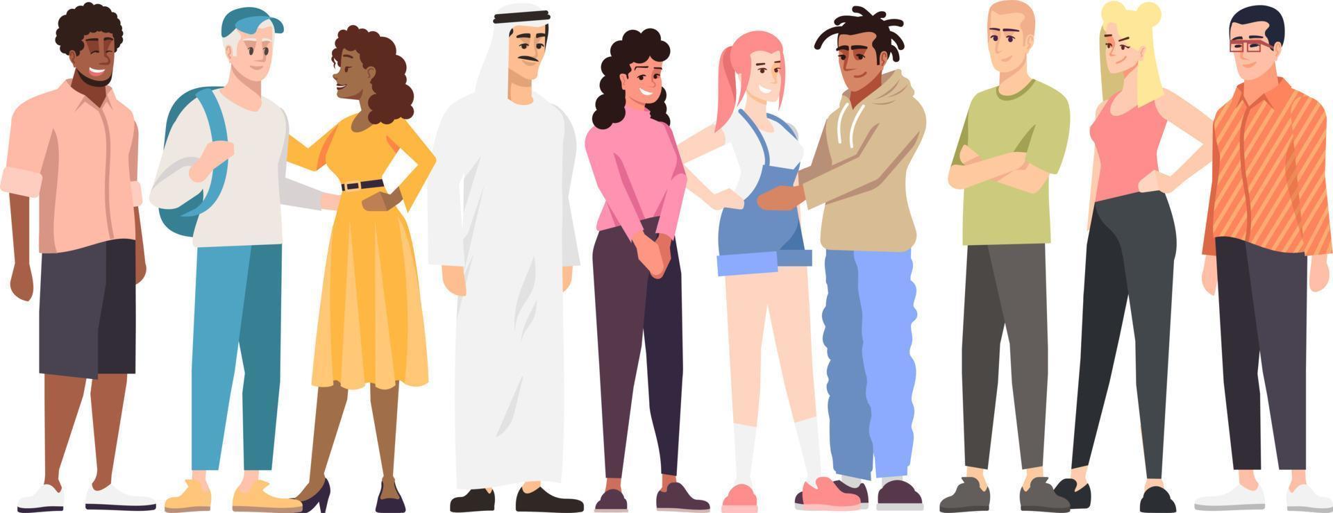 estudantes multinacionais grupo ilustração vetorial plana. personagens de desenhos animados de membros da comunidade multirracial. cooperação internacional. tolerância racial e diversidade cultural no mundo globalizado vetor