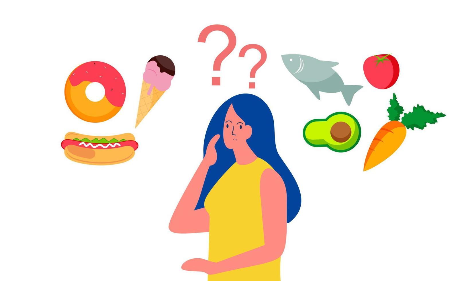 mulher escolhendo entre ilustração de conceito de comida saudável e não saudável vetor