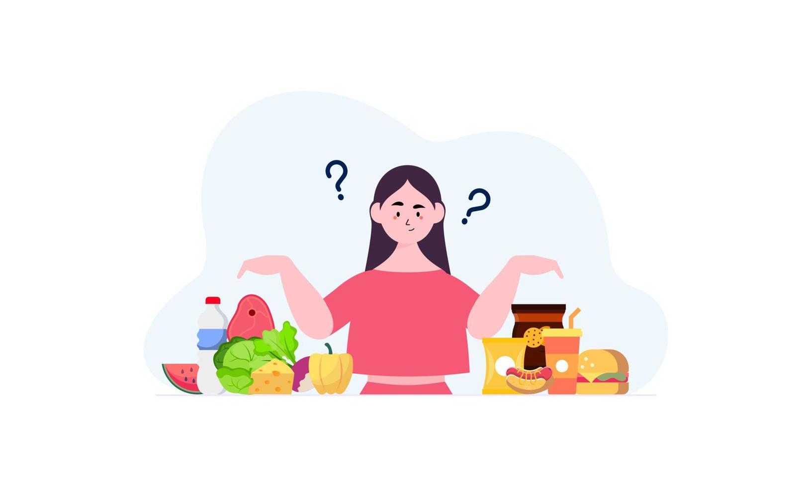 mulher escolhendo entre ilustração de conceito de comida saudável e não saudável vetor