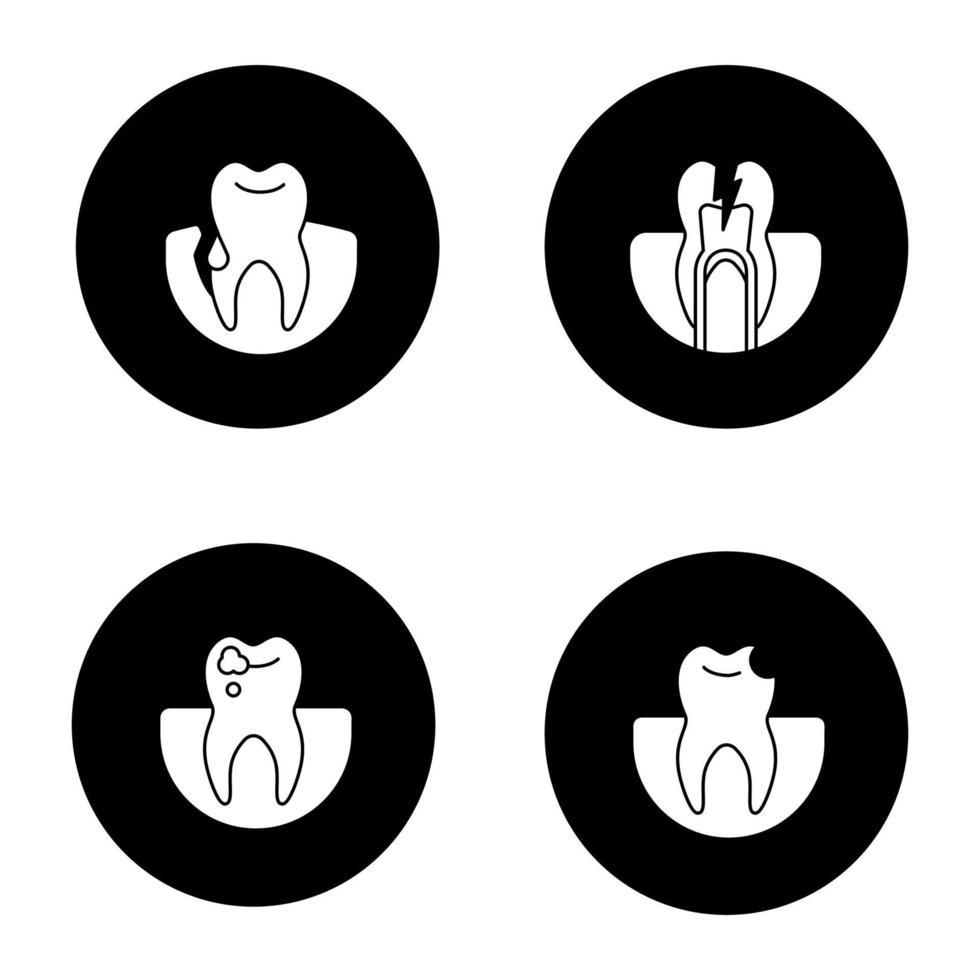 conjunto de ícones de glifo de odontologia. estomatologia. sangramento gengival, dor de dente, dente quebrado, cárie. ilustrações vetoriais de silhuetas brancas em círculos pretos vetor