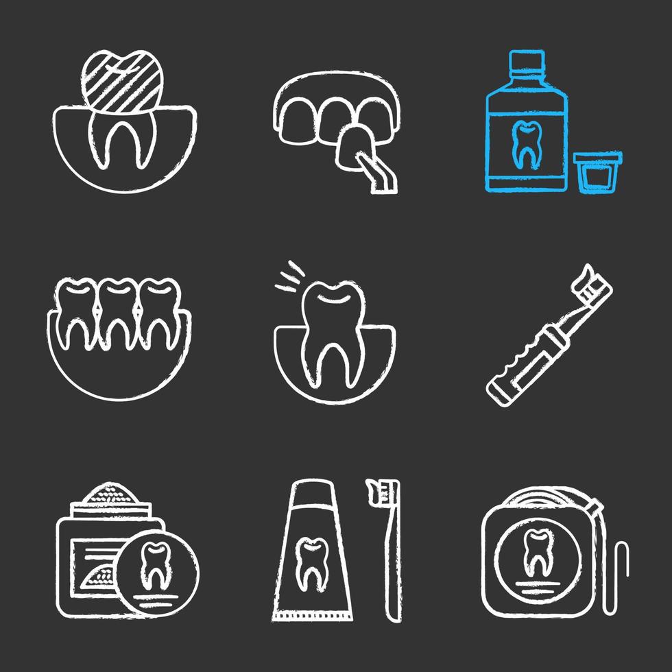 conjunto de ícones de giz de odontologia. coroa dental, folheado, enxaguatório bucal, dentes saudáveis, dor de dente, escova de dente elétrica, pó de dente, fio dental, dentifrício. ilustrações de quadro-negro vetoriais isolados vetor