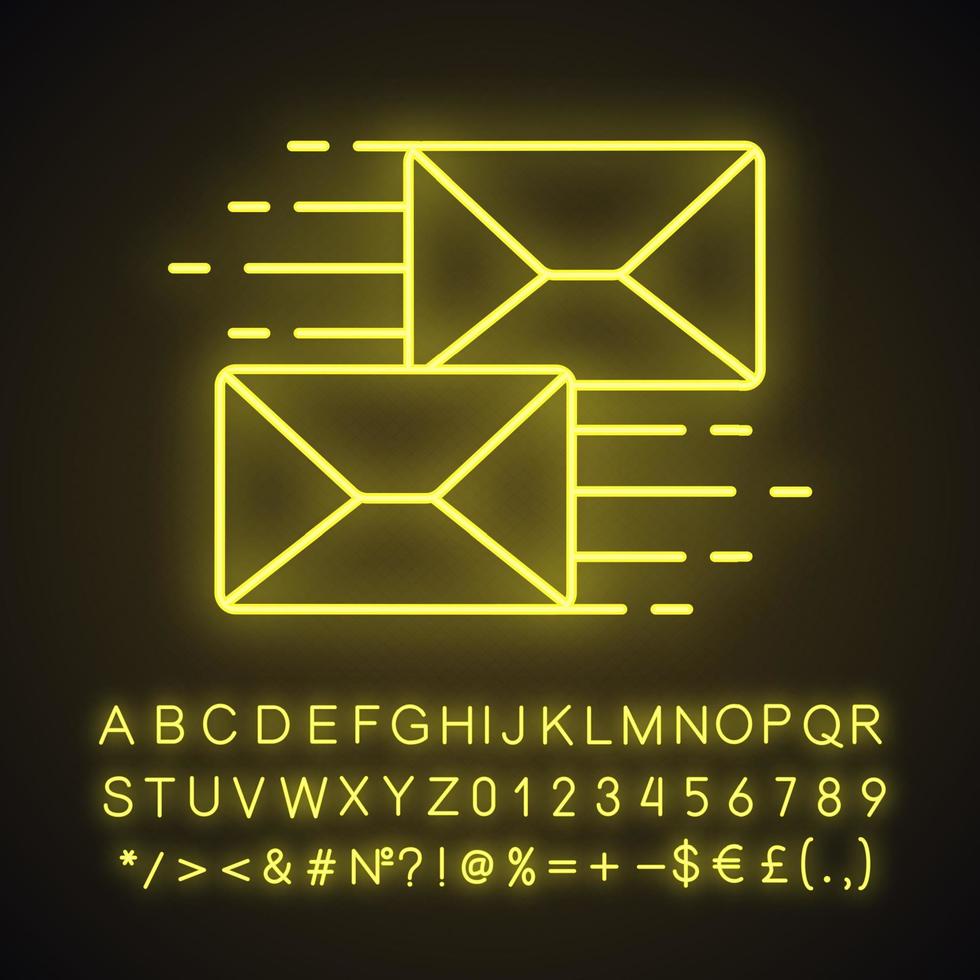 ícone de luz neon de correspondência. sinal brilhante com alfabeto, números e símbolos. correspondência. envelopes voadores. mensageiro. o email. ilustração vetorial isolada vetor