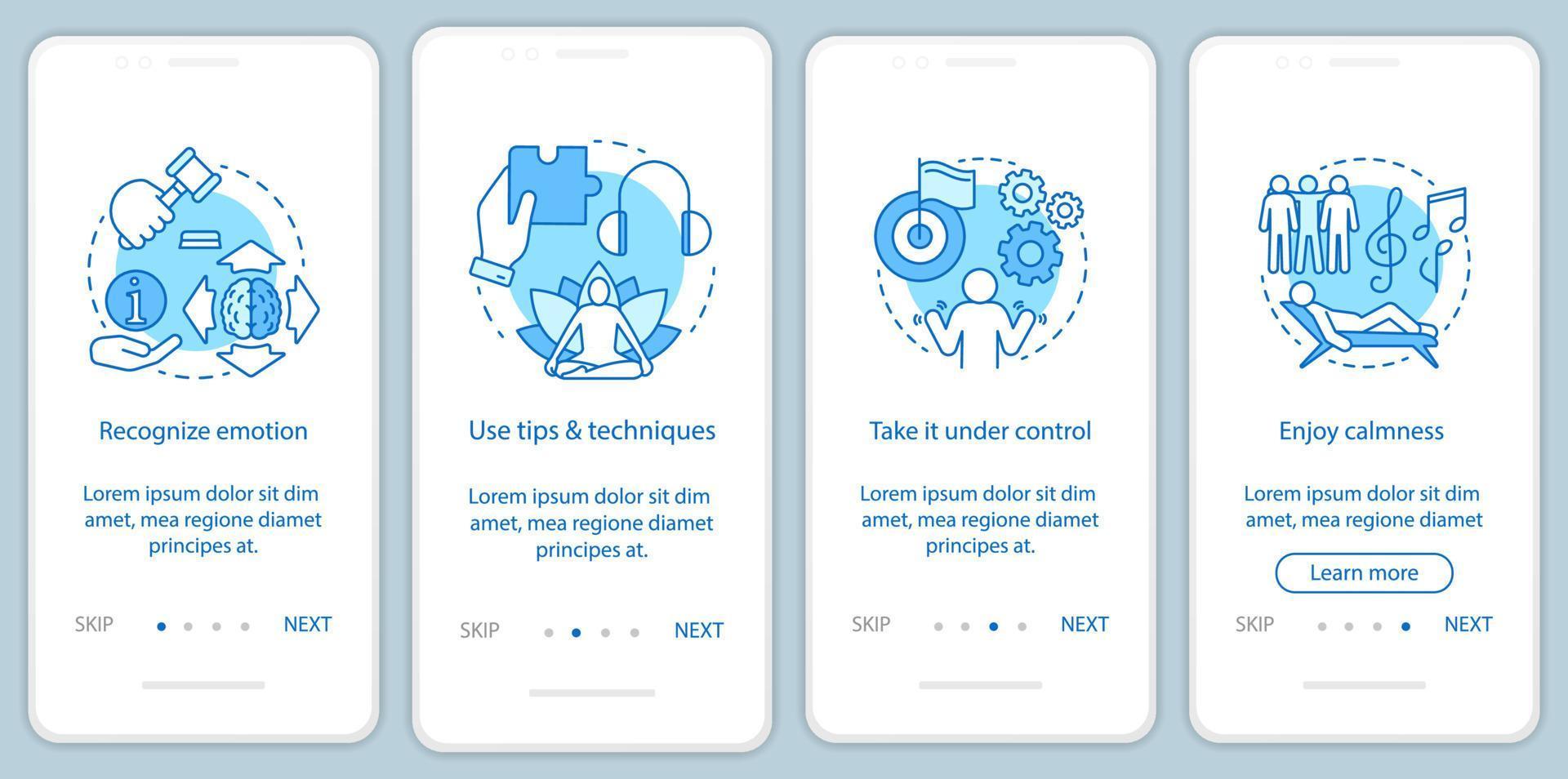 emoções gerenciando o modelo de vetor de tela de página de aplicativo móvel de integração. reconhecer, usar dicas, desfrutar de calma. Passo a passo do site com ilustrações lineares. ux, ui, gui conceito de interface de smartphone