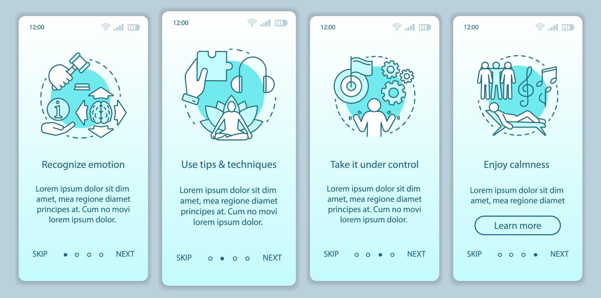 emoções gerenciando o modelo de vetor de tela de página de aplicativo móvel de integração. reconhecer, usar dicas, desfrutar de calma. Passo a passo do site com ilustrações lineares. ux, ui, gui conceito de interface de smartphone