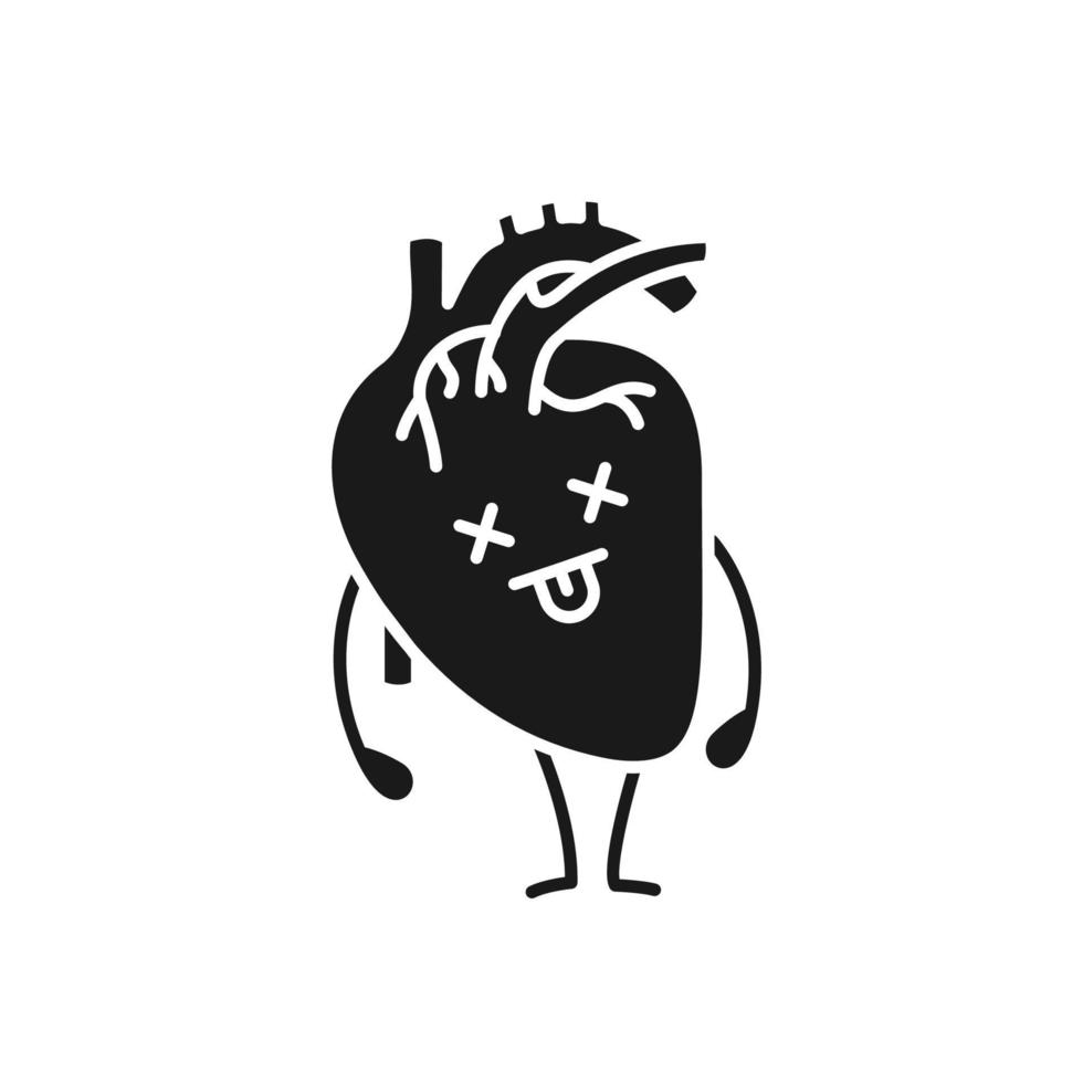 ícone de glifo emoji de coração humano morto. símbolo de silhueta. doenças do sistema cardiovascular. órgão interno insalubre. espaço negativo. ilustração vetorial isolada vetor