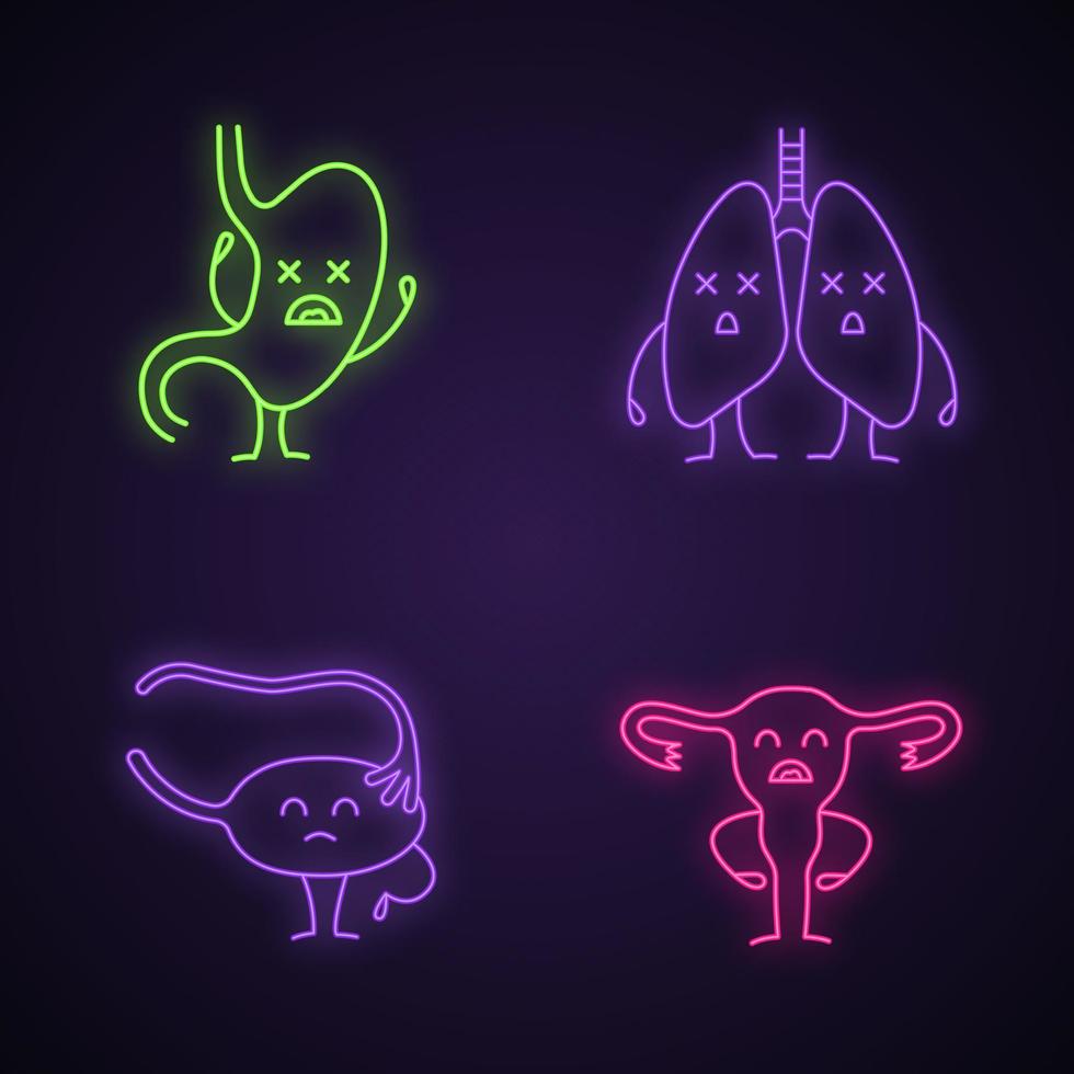 conjunto de ícones de luz neon de personagens de órgãos internos humanos tristes. sinais brilhantes. estômago infeliz, pulmões, ovário, trompa de Falópio, útero. sistemas digestivos e respiratórios insalubres. ilustrações vetoriais isoladas vetor
