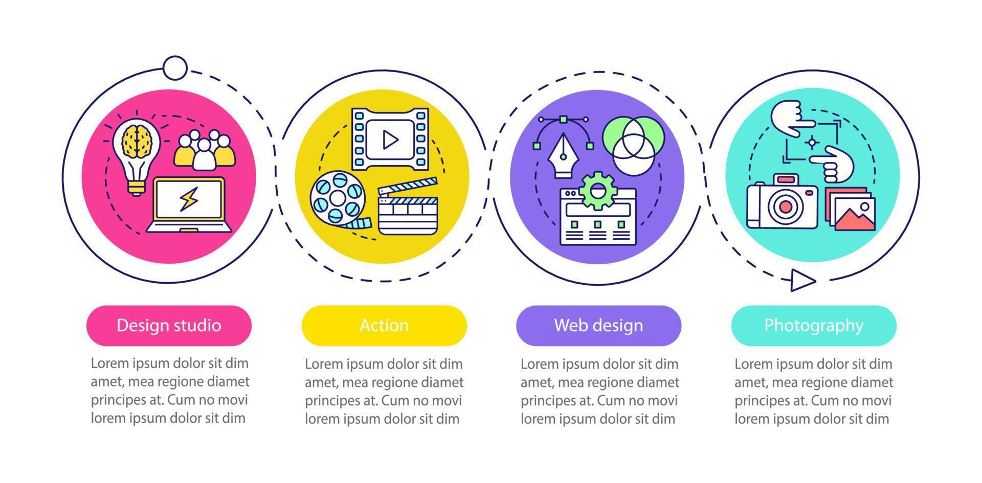 modelo de infográfico de vetor de design web. fotografia, estúdio de design, ação. visualização de dados com quatro etapas e opções. gráfico de linha do tempo do processo. layout de fluxo de trabalho com ícones