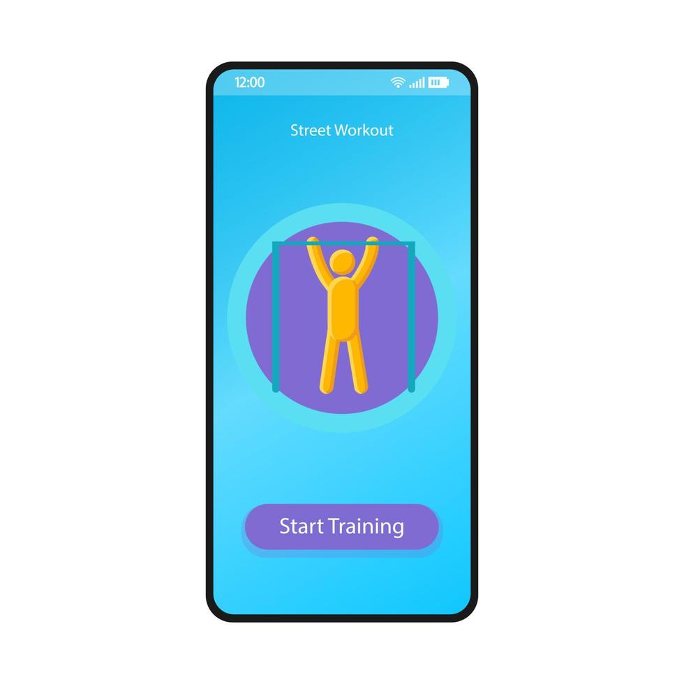 modelo de vetor de interface de smartphone de aplicativo de treino de rua. layout de design preto de página móvel. tela de treinamento de habilidades de calistenia. interface do usuário plana para aplicação de rastreador de fitness e esporte. pull-ups. visor do telefone