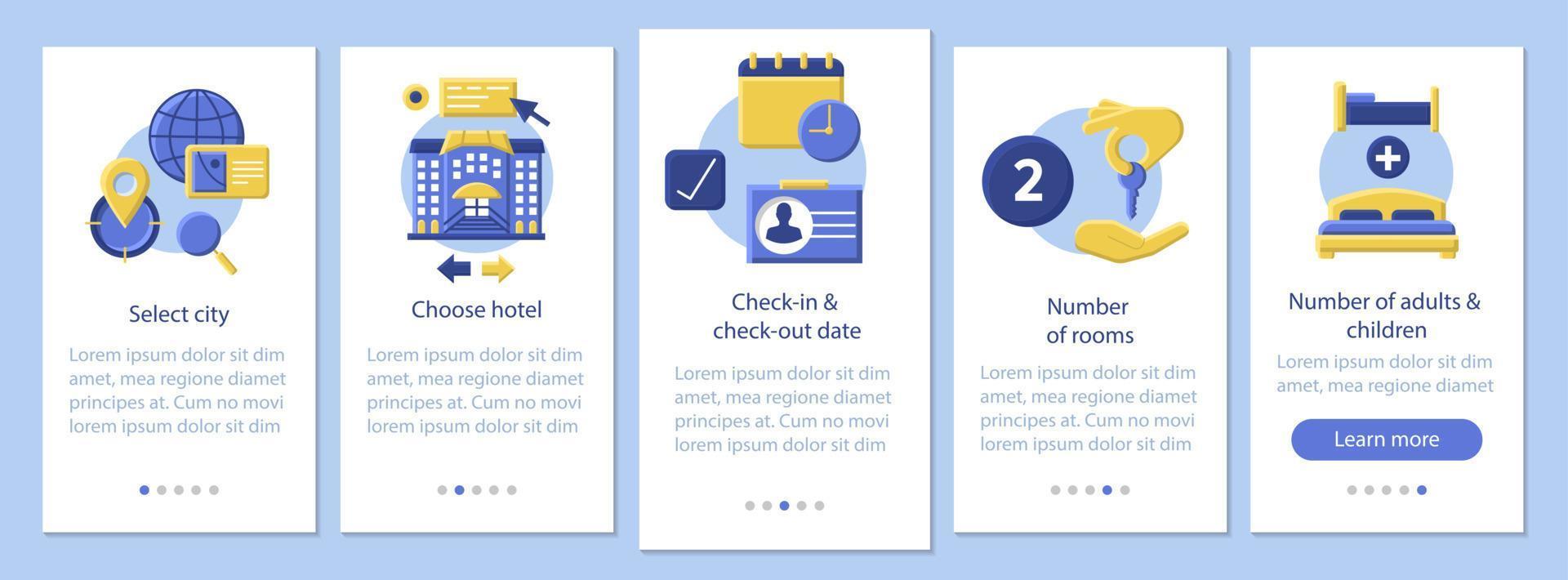 planejamento de viagem onboarding modelo de vetor de tela de página de aplicativo móvel. Reserva no hotel. reserva de apartamento. instruções de site de design plano. ux, ui, gui conceito de desenho de interface de smartphone