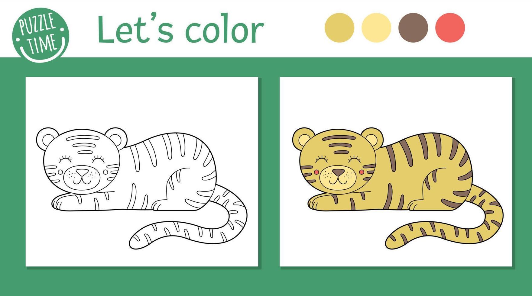 página para colorir tropical para crianças. ilustração vetorial de tigre. contorno de personagem animal engraçado bonito. livro de cores de verão na selva para crianças com versão colorida e exemplo vetor