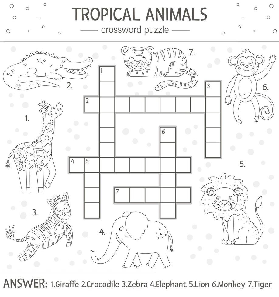 palavras cruzadas de verão vetor para crianças. quiz simples com animais tropicais para crianças. atividade educacional na selva com personagens engraçados fofos