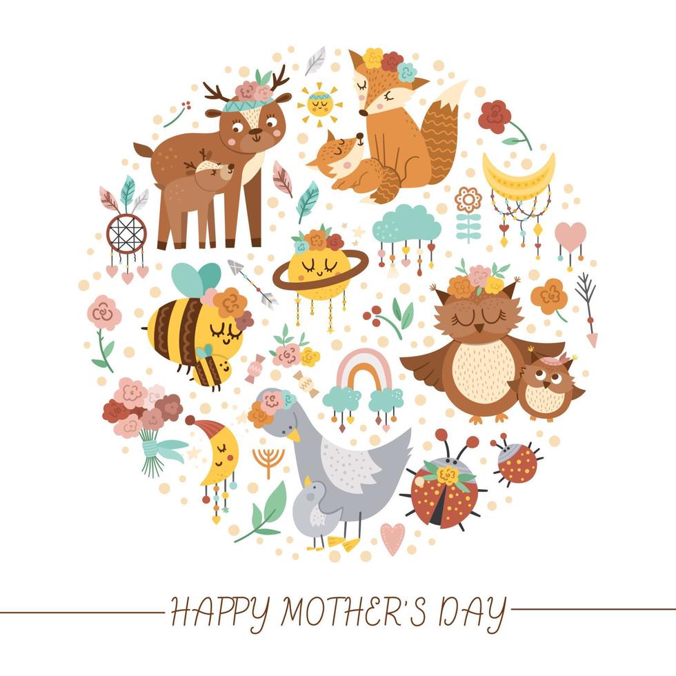modelo de cartão de feriado festivo bonito com moldura redonda de animais fofos. vetor com elementos de dia das mães. conceito de amor familiar