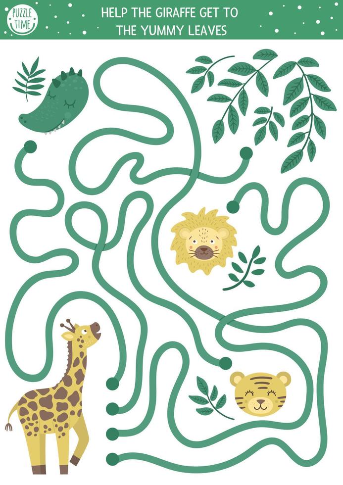 labirinto tropical para crianças. atividade exótica pré-escolar. quebra-cabeça engraçado da selva. ajude a girafa a chegar às folhas. jogo de verão simples para crianças vetor