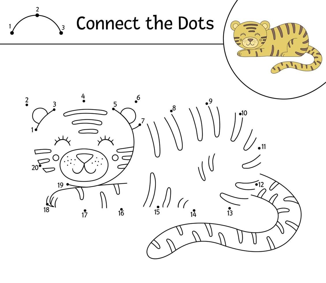 atividade ponto a ponto vetorial com animal fofo. conecte o jogo de pontos. desenho de linha de tigre. página de colorir tropical engraçada para crianças. vetor