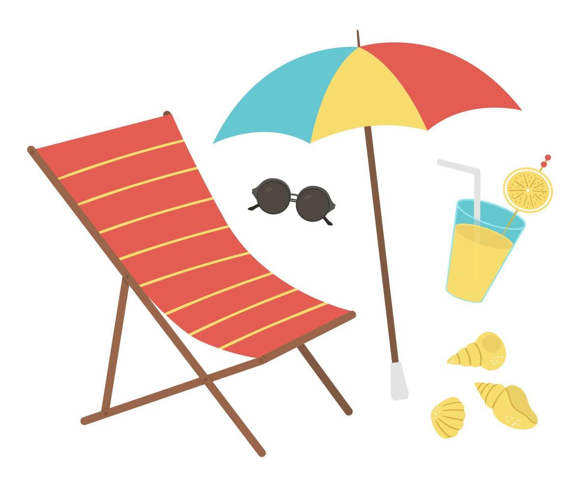 conjunto de vetores de elementos de clipart de verão isolados no fundo branco. ilustração plana fofa para crianças com espreguiçadeira, óculos de sol, guarda-chuva, bebida, conchas. objetos de praia de férias.