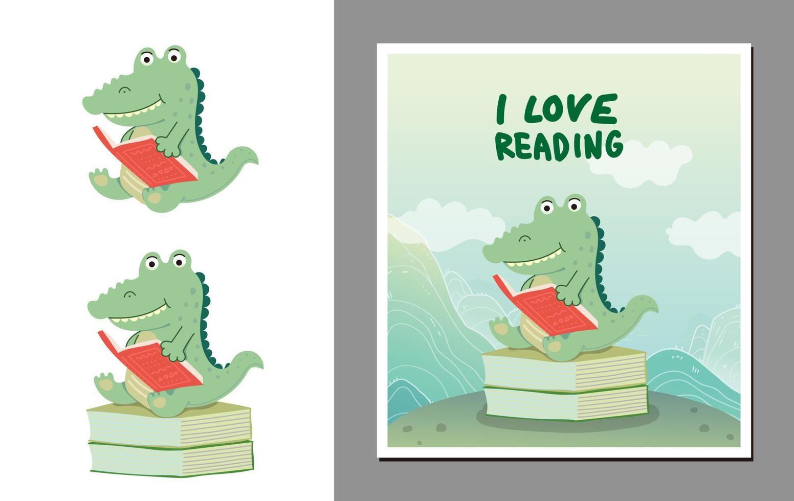 crocodilo bonito dos desenhos animados lendo um livro, eu amo ler, ilustração vetorial desenhada à mão, conceito para impressão de crianças. vetor