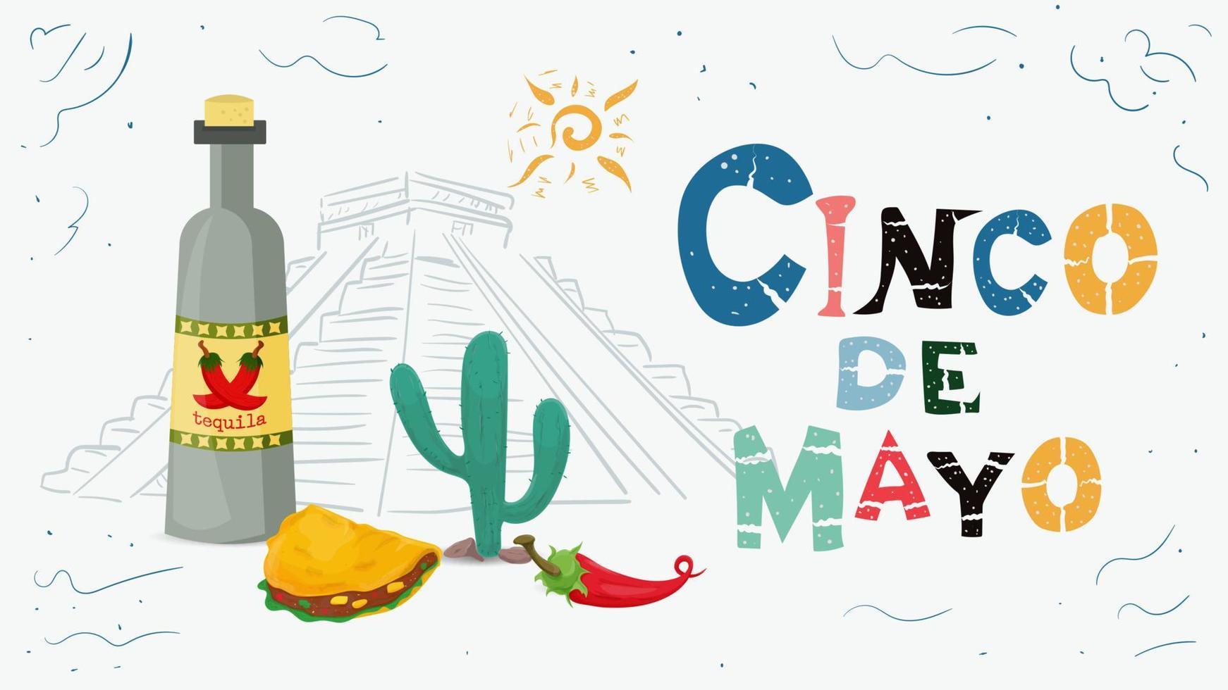 ilustração vetorial de design plano sobre o tema do feriado mexicano cinco de maio bebida garrafa de comida e planta de cacto no fundo de uma inscrição de pirâmide com o nome vetor