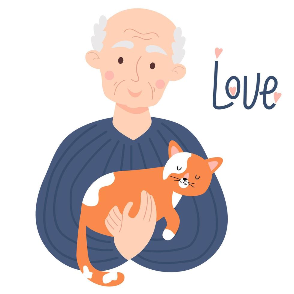 bonito homem idoso feliz com gato ruivo dormindo. ilustração vetorial. conceito de amor por animais de estimação e velhice feliz. personagem velho em estilo simples para cartões postais, design, decoração e capas vetor